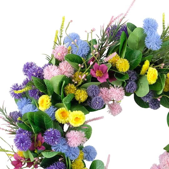 24" Pink, Blue & Yellow Spring Echinops & Chrysanthemum Floral Wreath